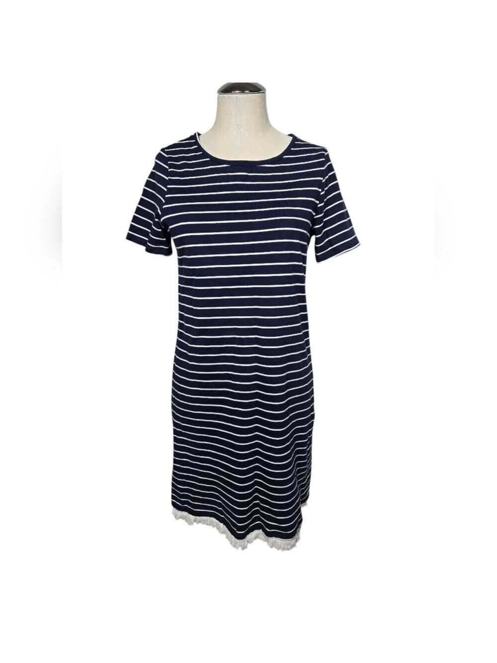 Beachlunchlounge White Blue Striped Short Sleeves Fringe Hem Back Keyhole Dress